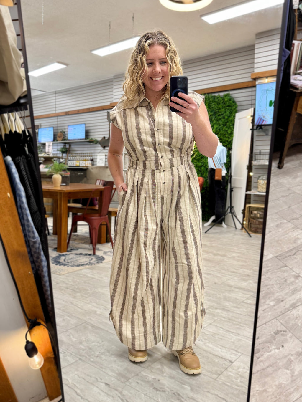 Striped Shirting Parachute Jumpsuit (Mocha)