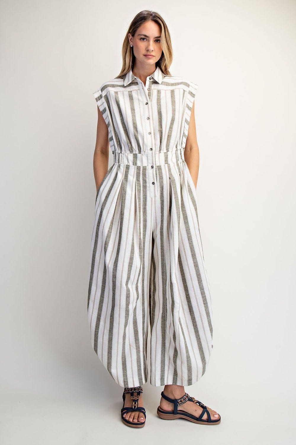 Striped Shirting Parachute Jumpsuit (Mocha)