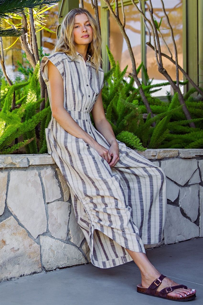 Striped Shirting Parachute Jumpsuit (Mocha)
