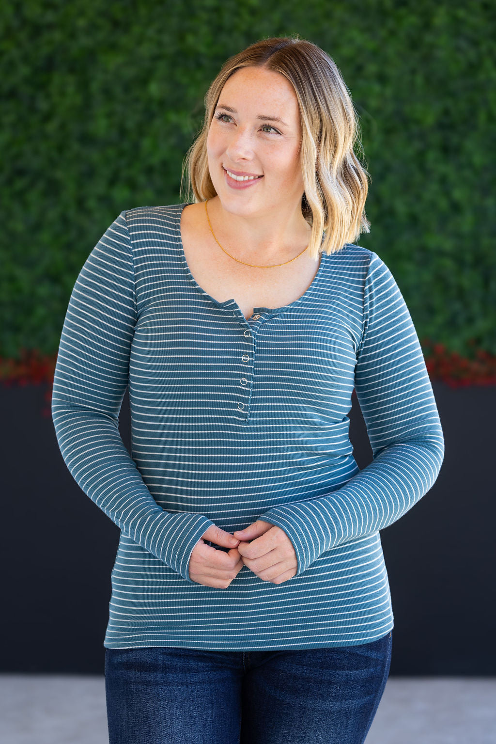 Striped Henley Long Sleeve - Dusty Teal