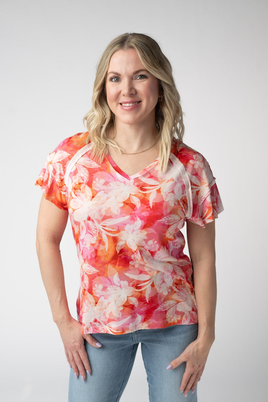 Raelynn V-Neck Top - Sunset Tropical Floral