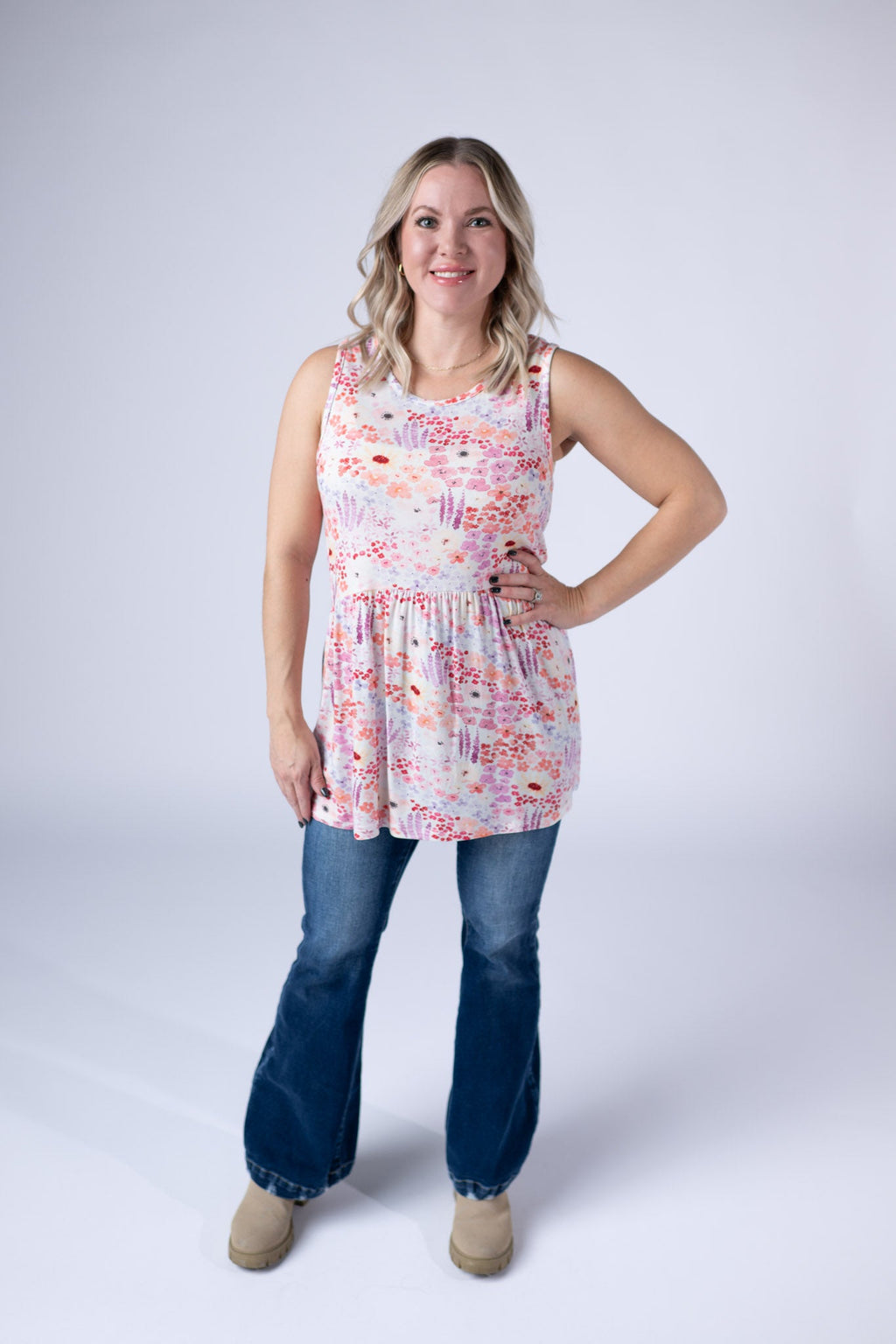 Renee Ruffle Tank Top - Coral Sunset Floral