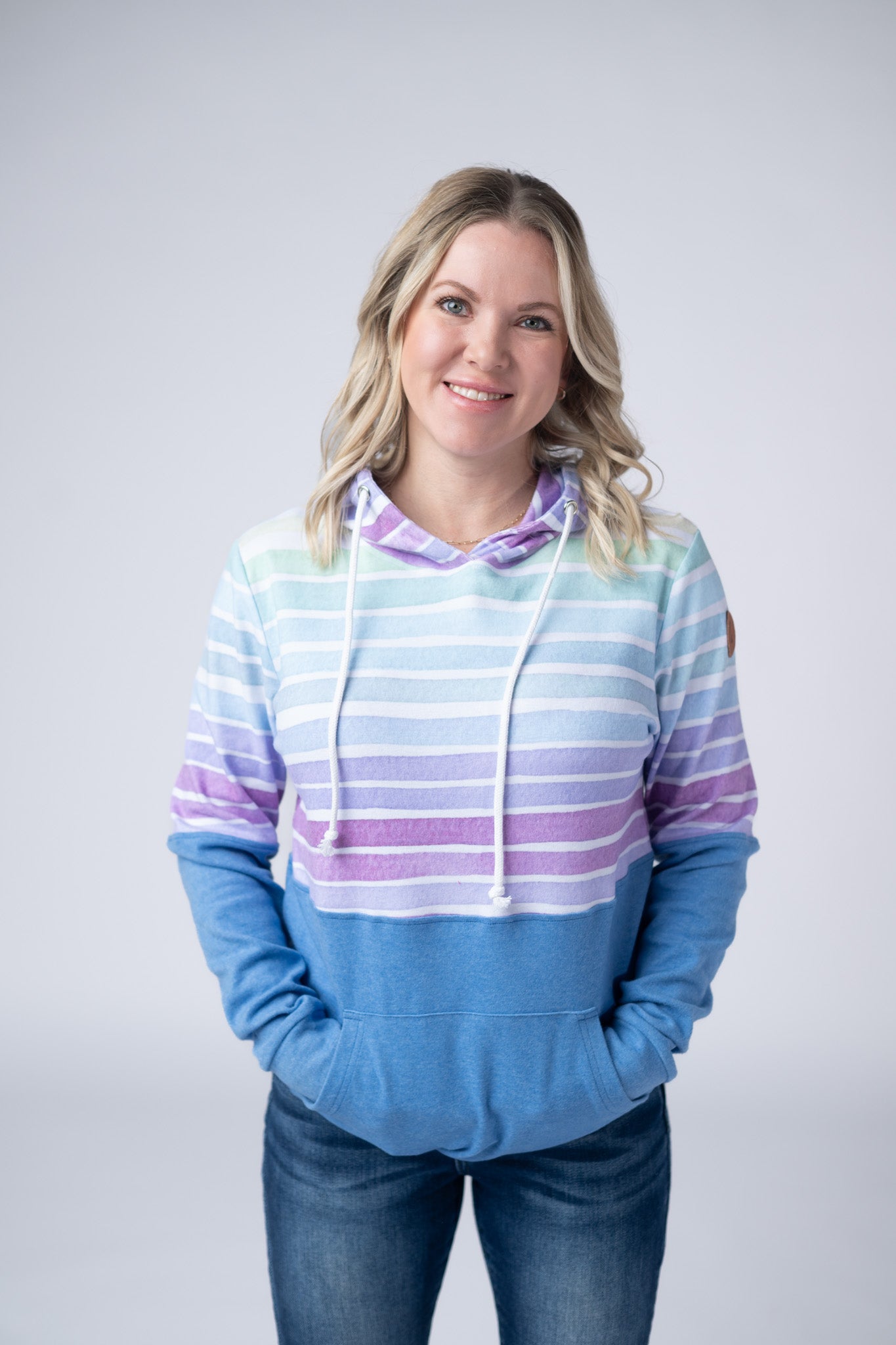 Hailey Pullover Hoodie - Rainbow Stripes and Blue