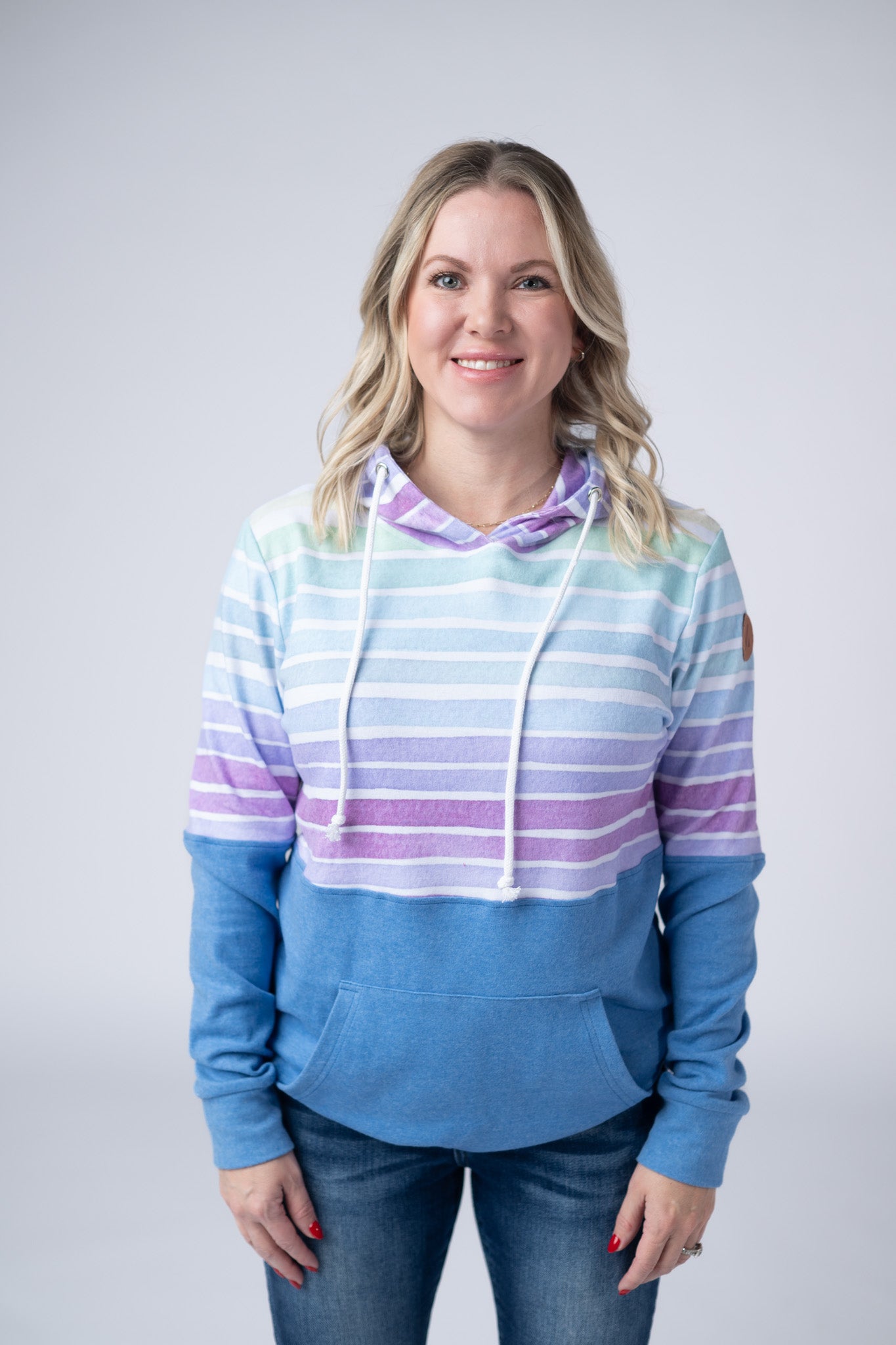 Hailey Pullover Hoodie - Rainbow Stripes and Blue