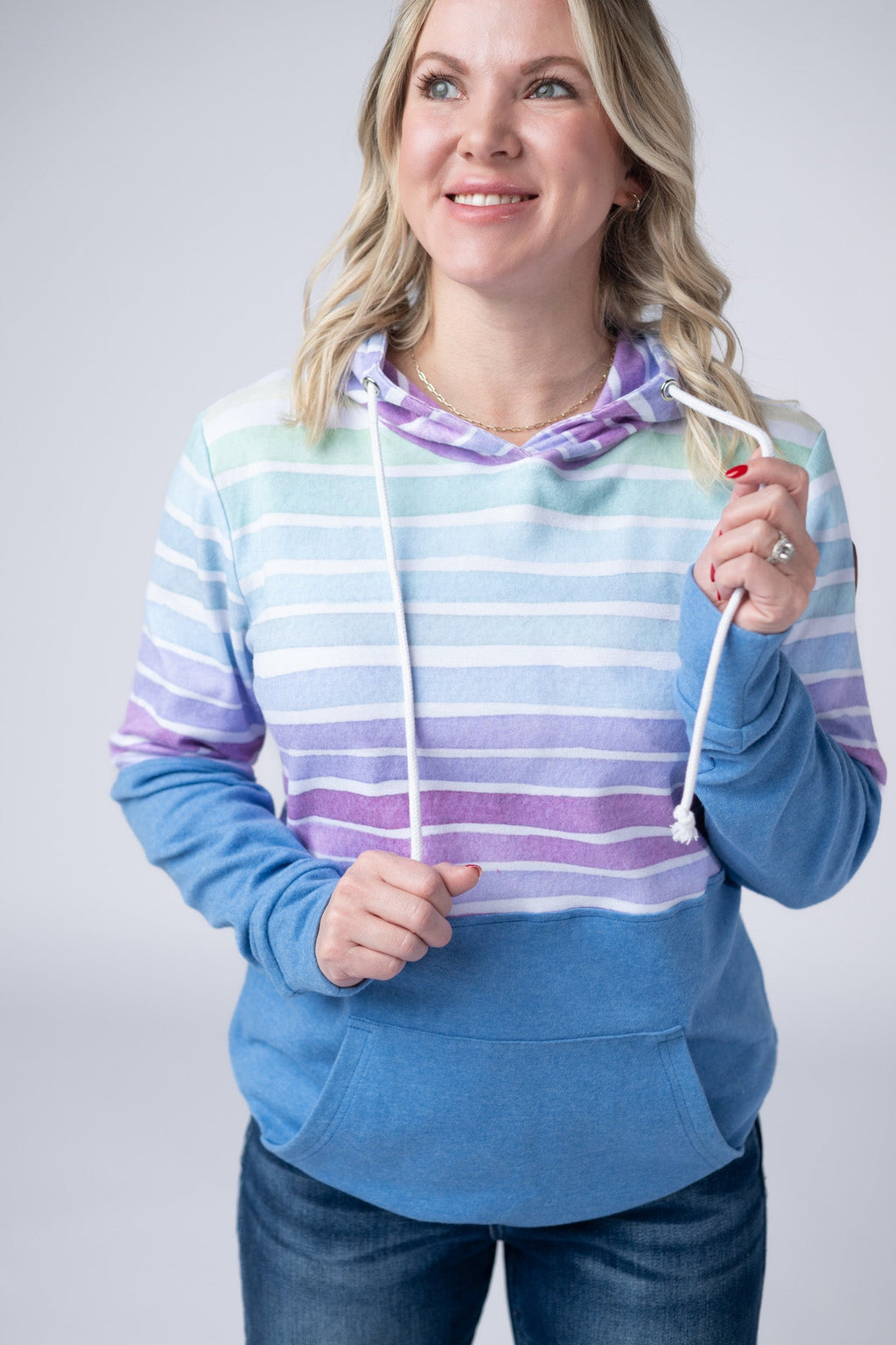 Hailey Pullover Hoodie - Rainbow Stripes and Blue