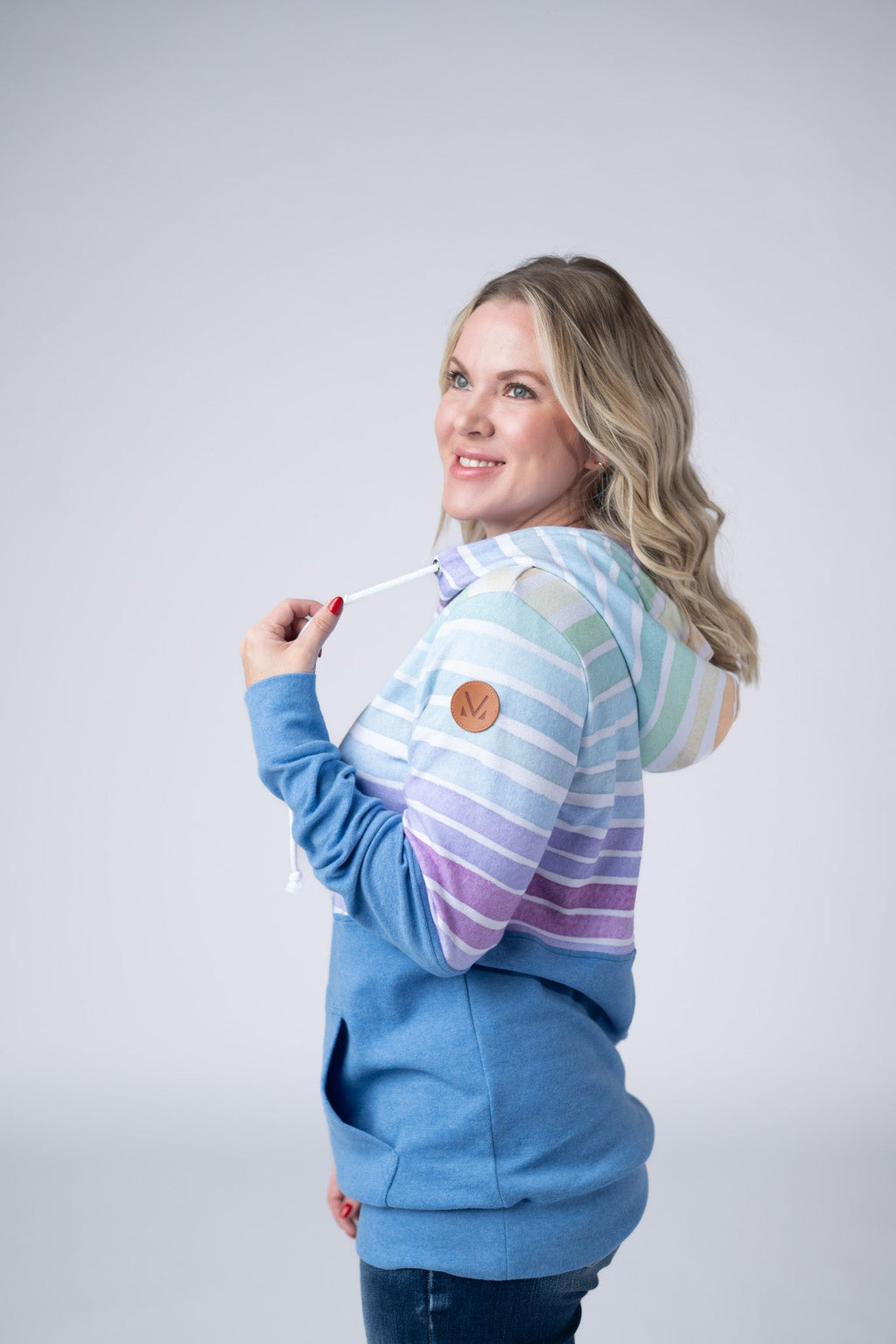 Hailey Pullover Hoodie - Rainbow Stripes and Blue