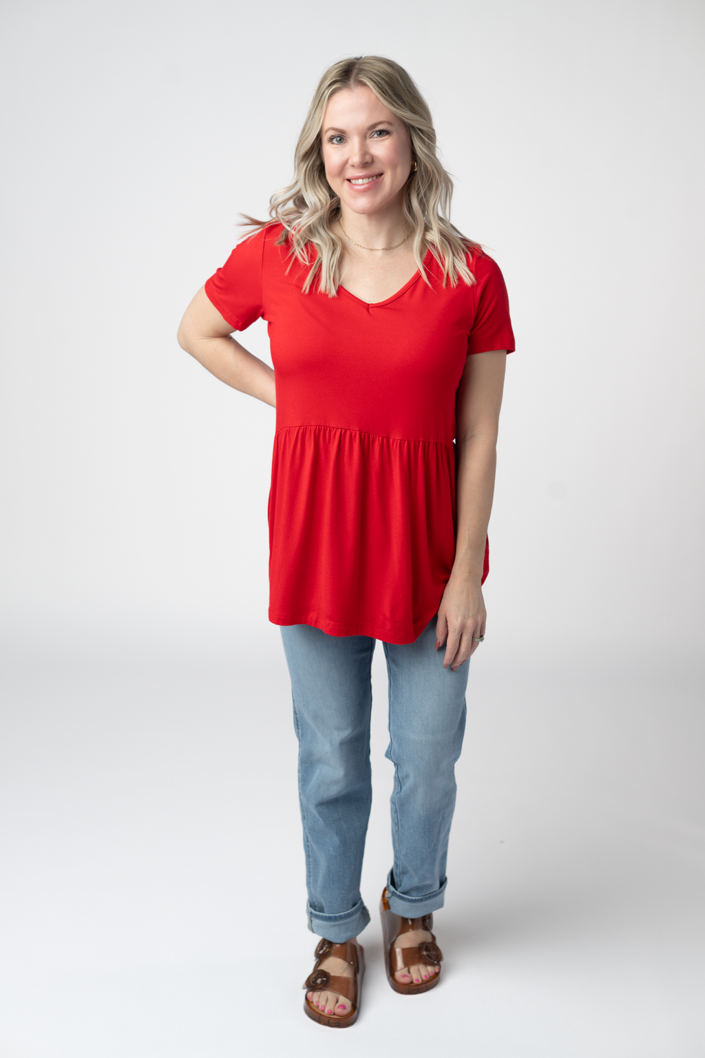 Sarah Ruffle Short Sleeve - Red