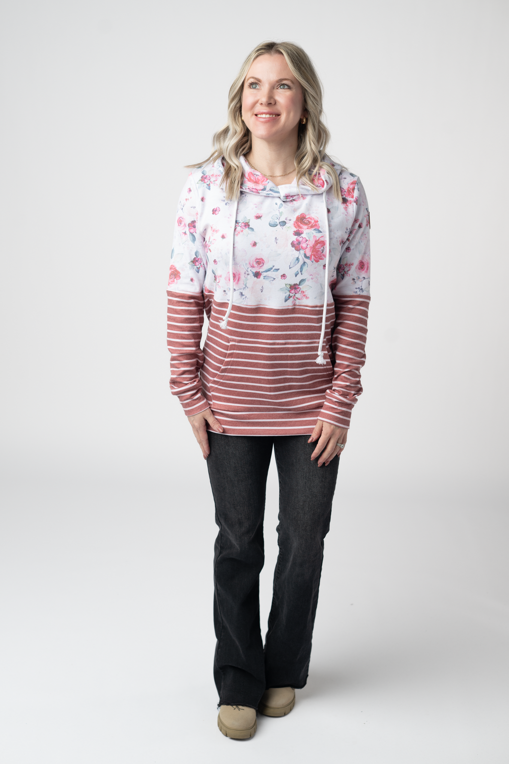 Hailey Pullover Hoodie - Pink Bloom and Stripes