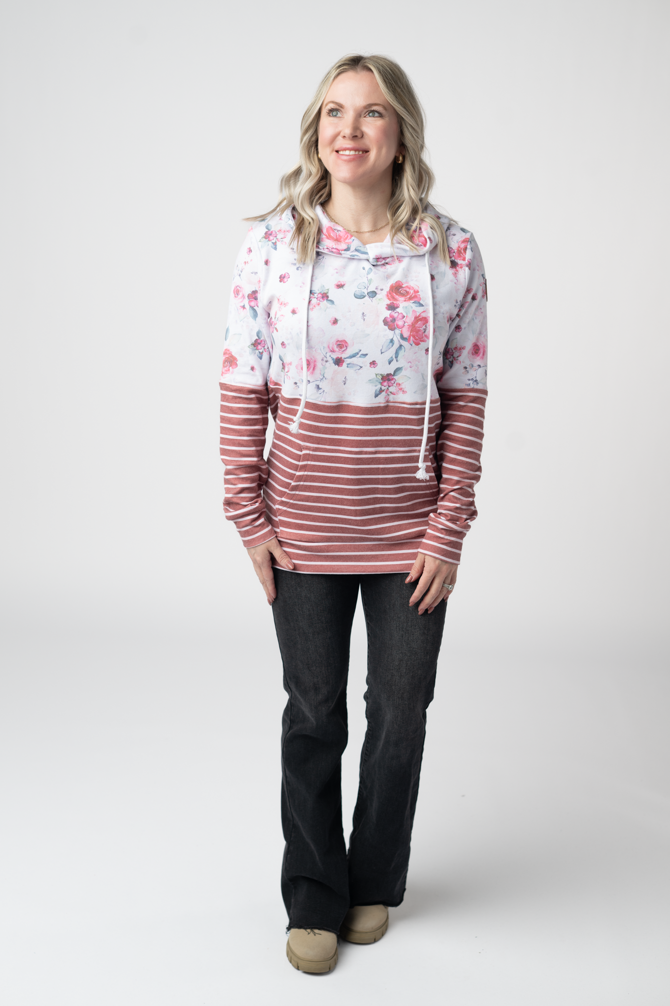 Hailey Pullover Hoodie - Pink Bloom and Stripes