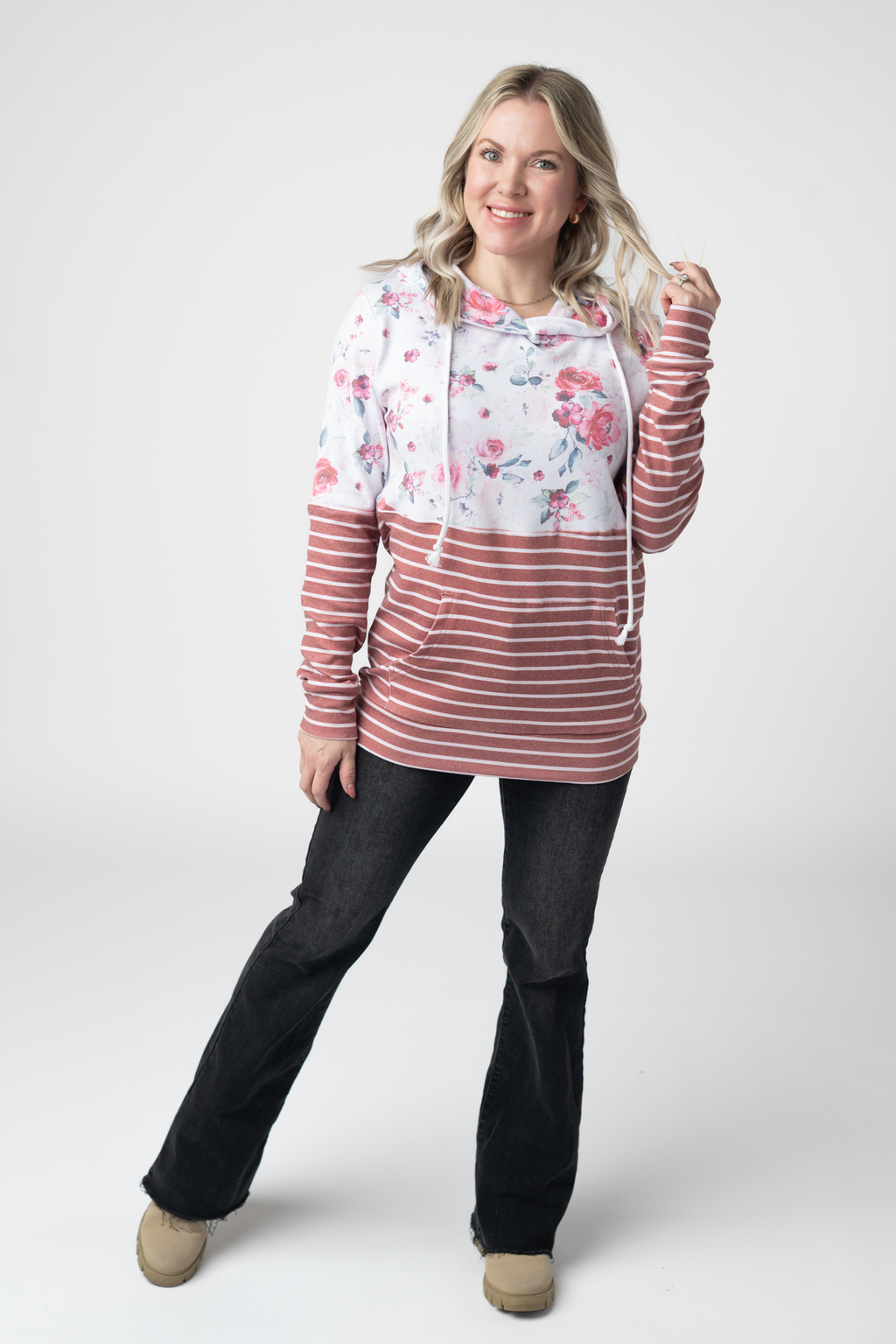 Hailey Pullover Hoodie - Pink Bloom and Stripes