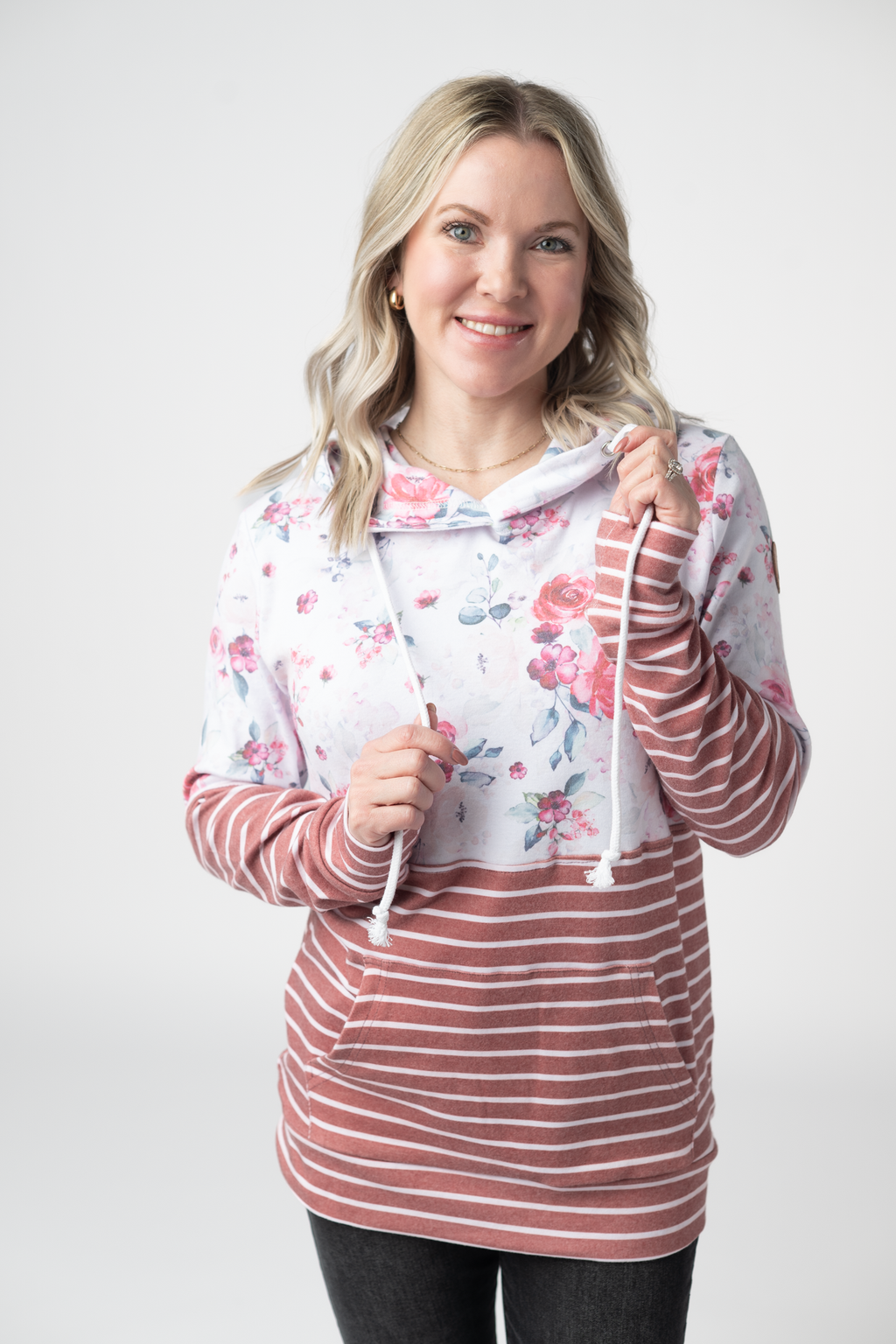 Hailey Pullover Hoodie - Pink Bloom and Stripes