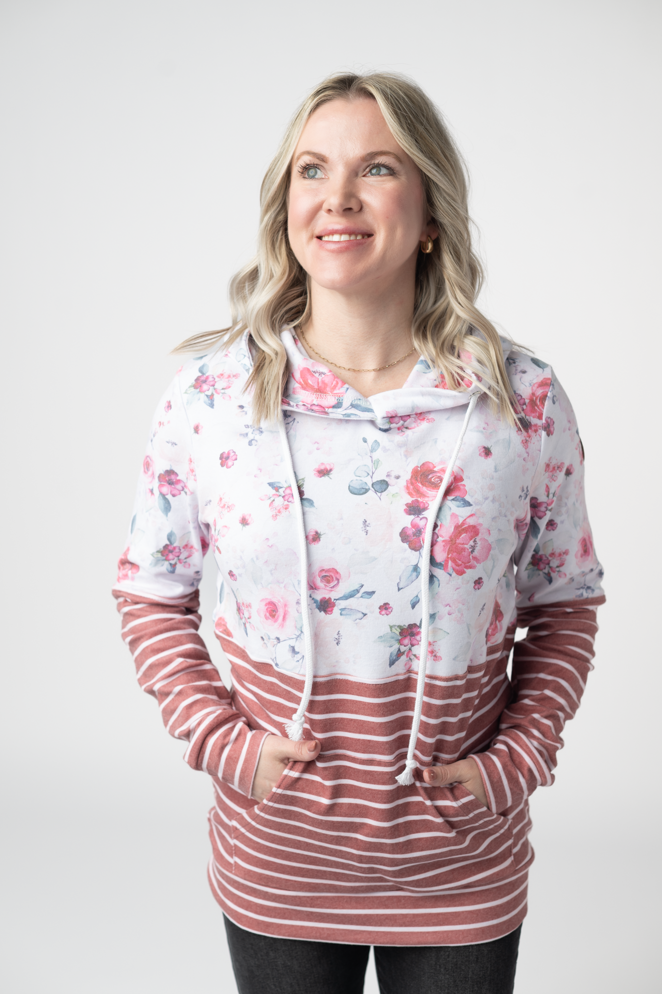 Hailey Pullover Hoodie - Pink Bloom and Stripes