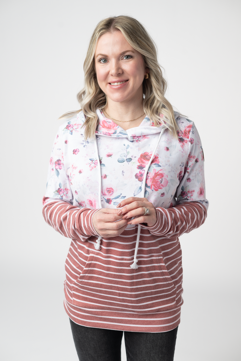 Hailey Pullover Hoodie - Pink Bloom and Stripes