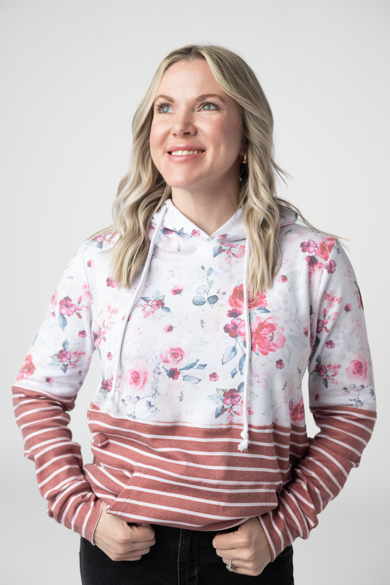 Hailey Pullover Hoodie - Pink Bloom and Stripes