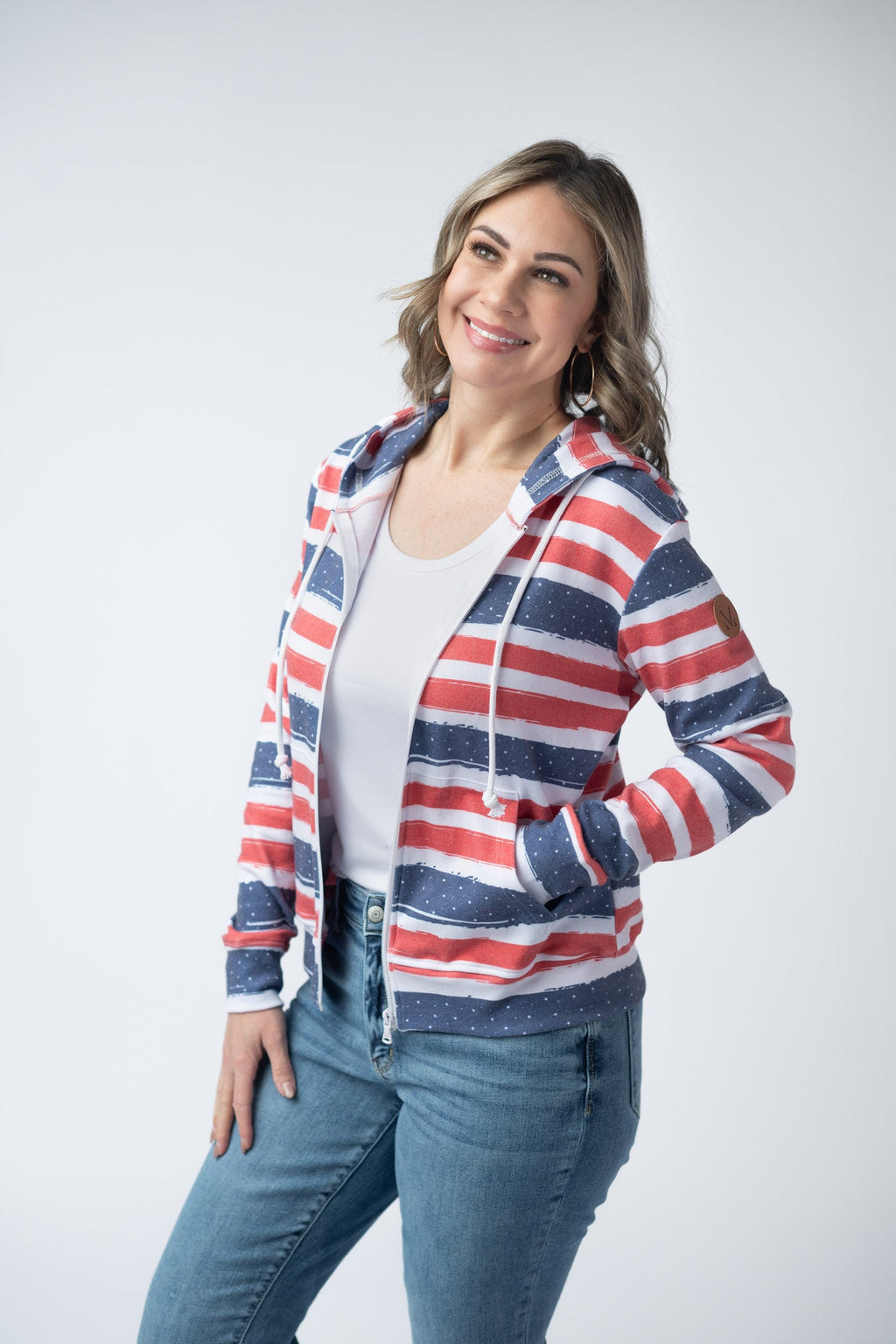 Fullzip Hoodie - Striped Red, White, and Micro Blue Stars