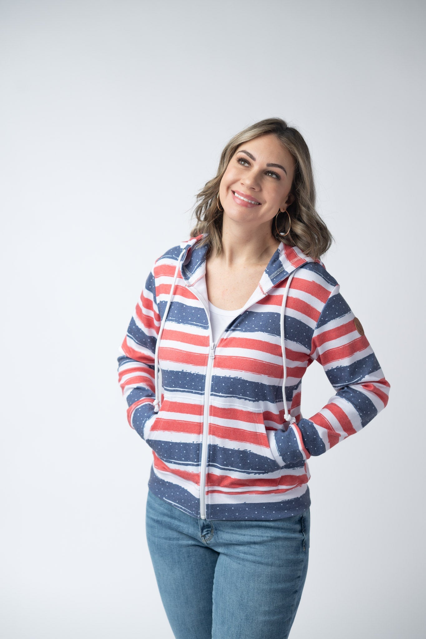 Fullzip Hoodie - Striped Red, White, and Micro Blue Stars