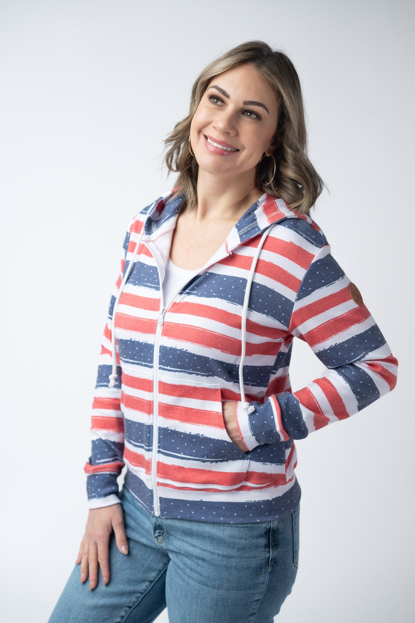 Fullzip Hoodie - Striped Red, White, and Micro Blue Stars