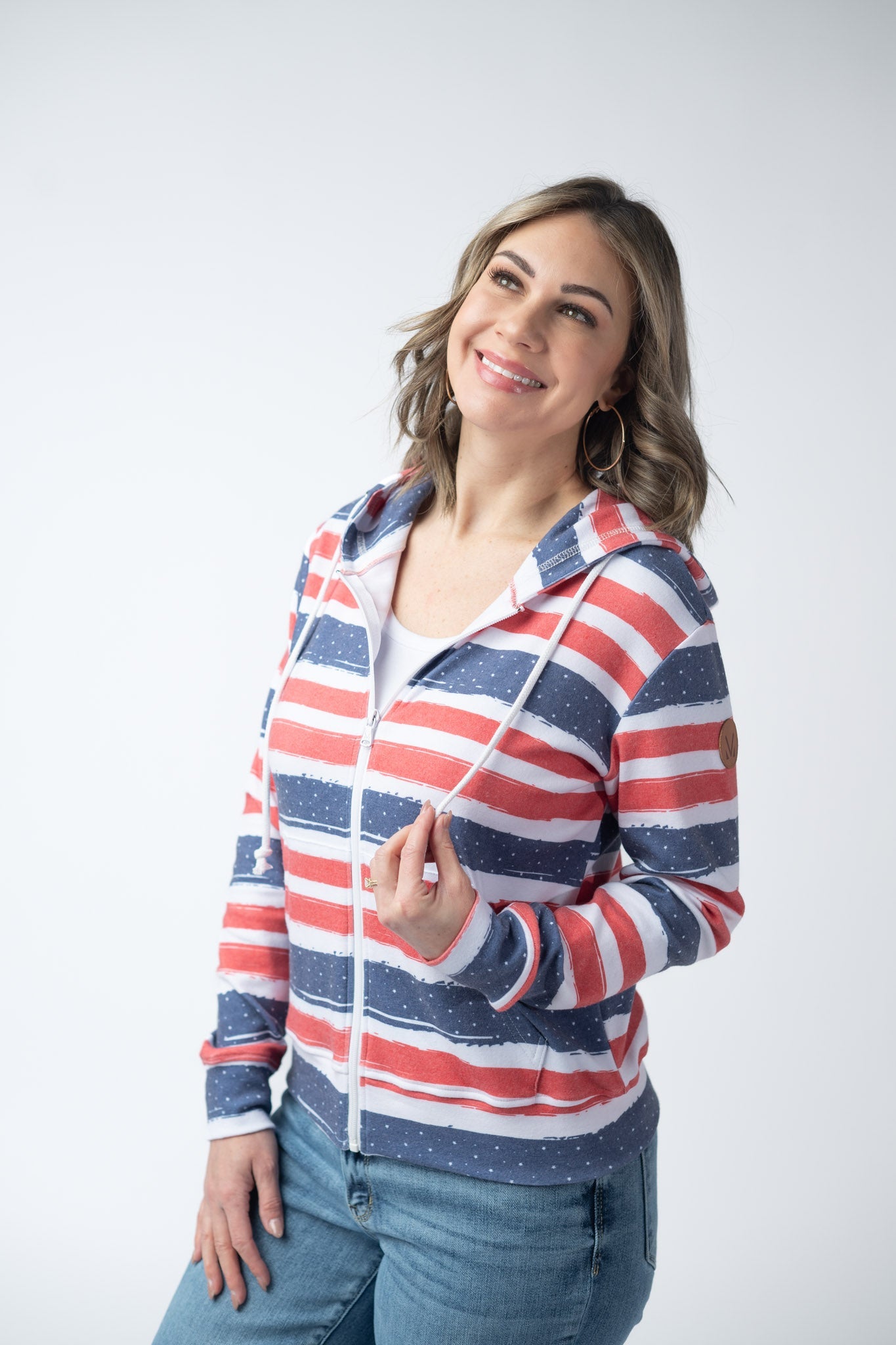 Fullzip Hoodie - Striped Red, White, and Micro Blue Stars