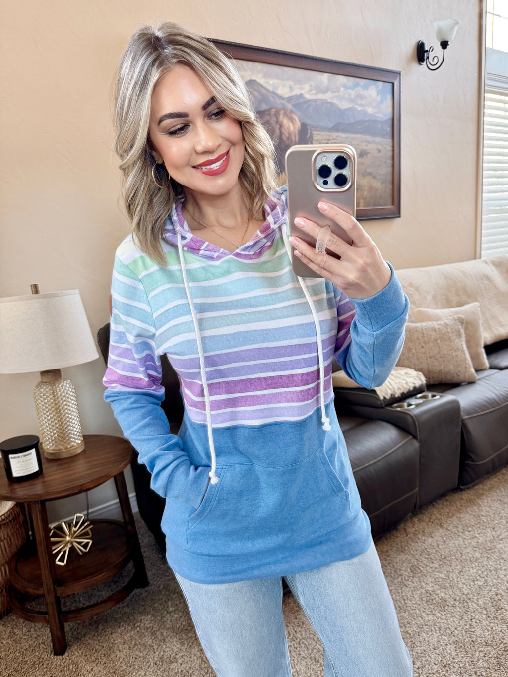 Hailey Pullover Hoodie - Rainbow Stripes and Blue