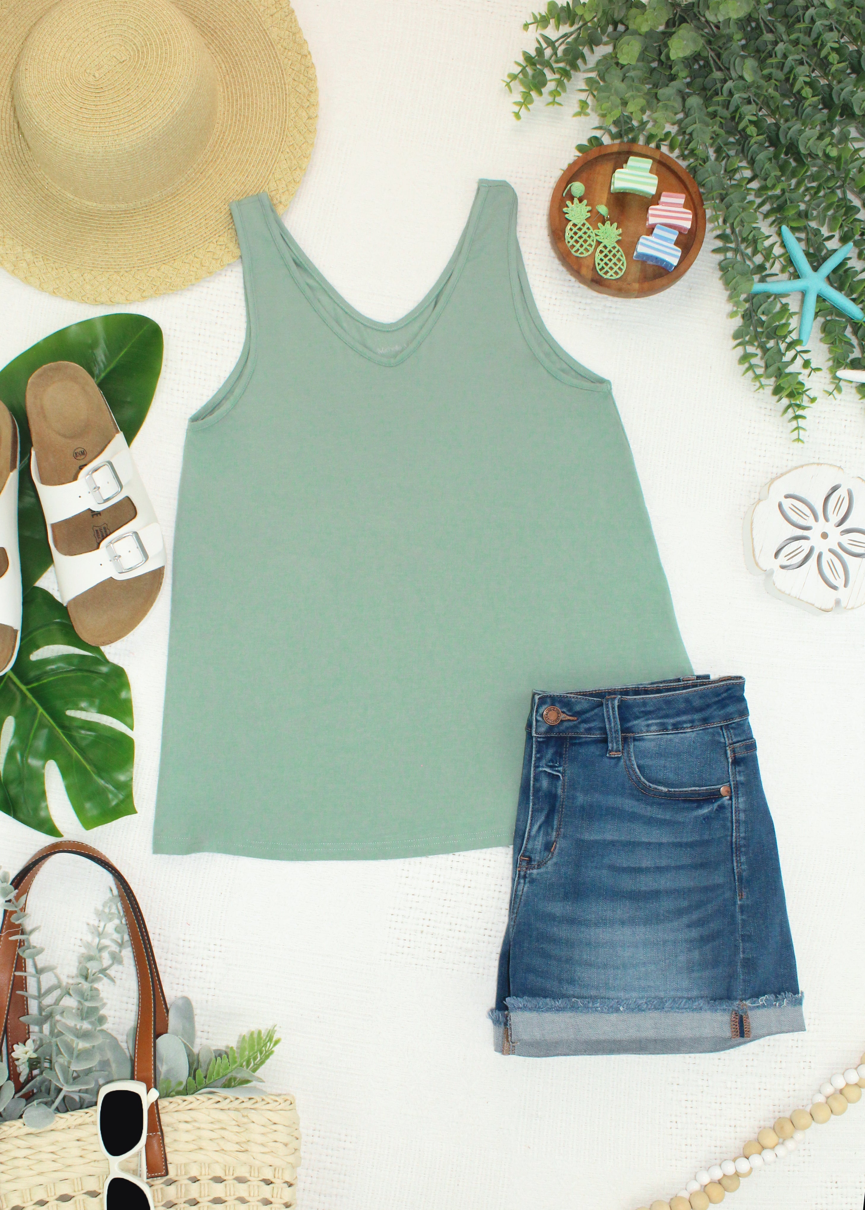 Vera V Neck Tank - Sage