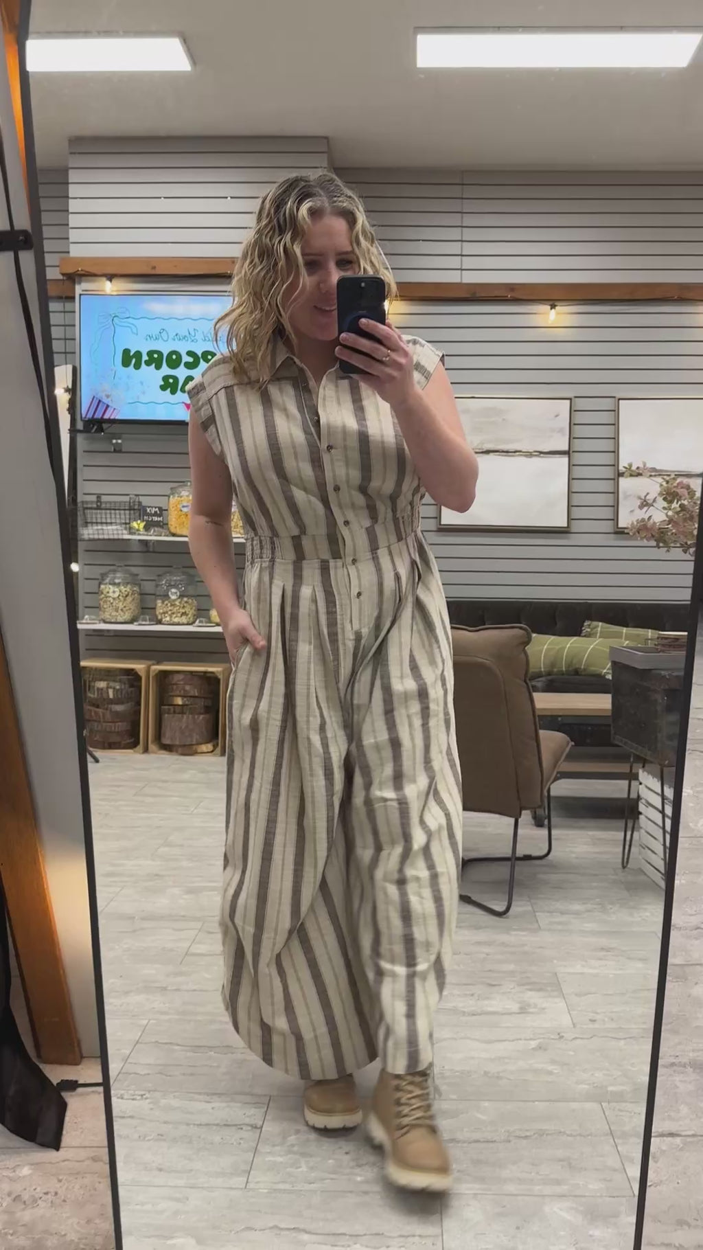 Striped Shirting Parachute Jumpsuit (Mocha)