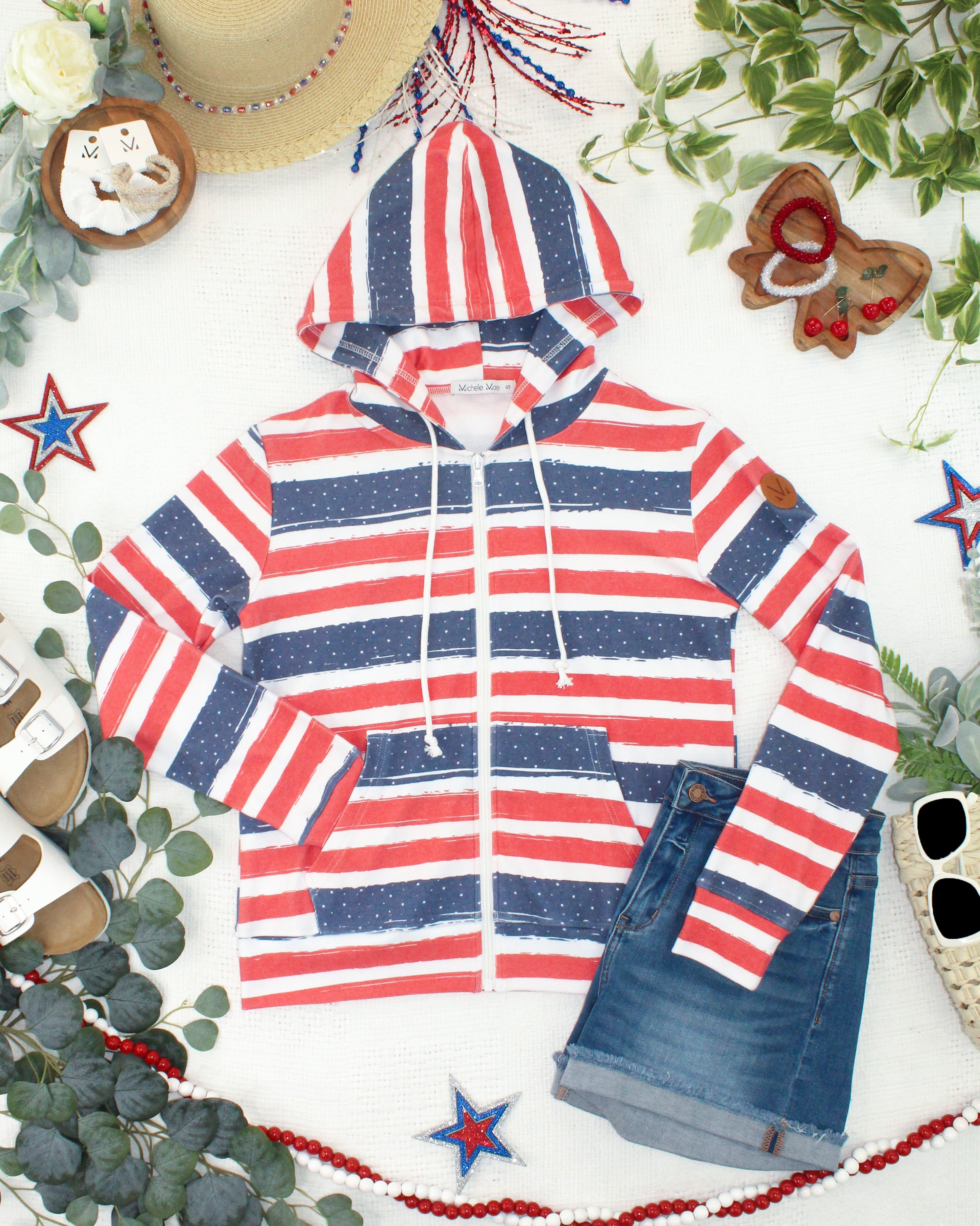 Fullzip Hoodie - Striped Red, White, and Micro Blue Stars